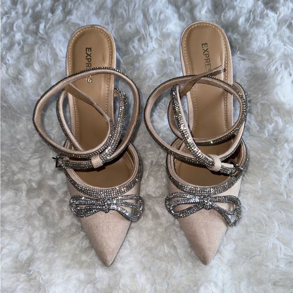 Rhinestone Embellished Bow Heels - Nude (Size 7.5)